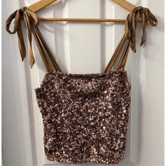Free People Revolve "Hey Girlie" Sequin Top in Rose Shoulder Ties XS MSRP $78 - Picture 3 of 7